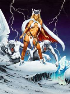 Joe Jusko Snow Beasts Painting Original Art (1980). A striking painting of Shandra and her two snow beasts - | Heritage