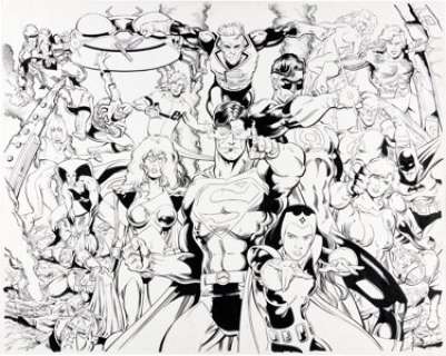 Dan Jurgens Justice League America / Justice League Europe Poster Illustration Original Art (DC, 1991).