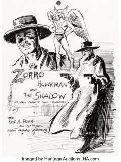 Everett Raymond Kinstler - The Shadow, Zorro, and Hawkman Sketch Original Art (1994).