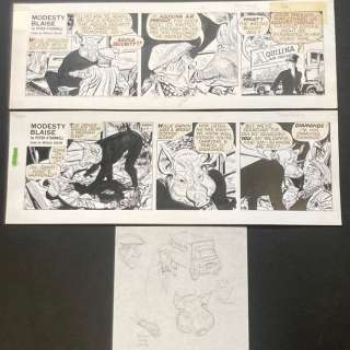 Colvin, Neville | Colvin, Neville - 2x Original strip + pencil drawing - Modesty Blaise - Death in slow motion - (1983) | Catawiki