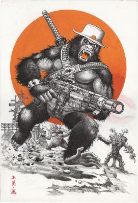Masami Watanabe Hand-Drawn Color Illustration "Gorilla Firing a Machine Gun" | Mandarake (Big Web)