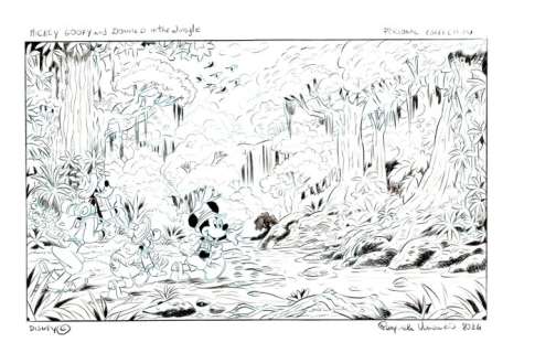 Pasquale Venanzio - Mickey, Goofy and Donald in the Jungle - large drawing | Catawiki
