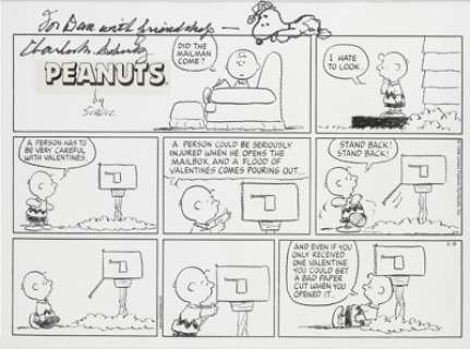 Charles Schulz Peanuts Valentine’s Day Sunday Comic Strip, Remarqued With a Drawing of Snoopy Original Art, - | Heritage