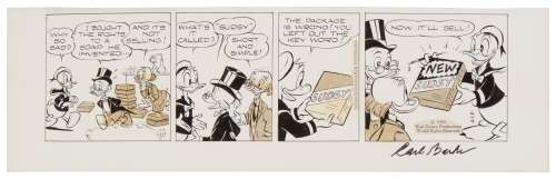 Carl Barks (1901-2000), "Scrooge McDuck" comic strip, 1969, Pencil, ink, and Zipatone on paper, Image: 5" H x 18" W; Sheet: 6.5" H x 21.125" W | misc / divers