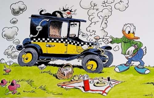 Jordi Juan Pujol - Donald Duck - Tribute to Gaston Lagaffe - Original Painting - Hand Signed | Catawiki