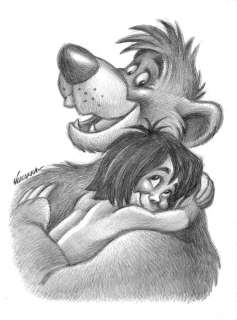 Joan Vizcarra - Mowgli and Balloo: A Heartwarming Embrace - Original Pencil Drawing - Hand Signed | Catawiki