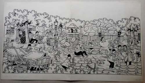 Goossens, Eugeen | Grote originele tekening Suske en Wiske  - Het gouden kuipje  - (1989) | Catawiki