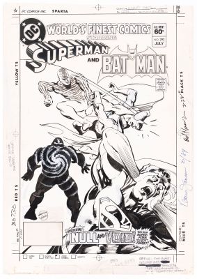 Lot 120 - ED HANNIGAN WORLD’S FINEST #293 COMIC BOOK COVER ORIGINAL ART W/EGS 9.0 SIGNATURE SERIES COMIC. | Hake’s