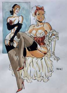 Felix Meynet. Dessin original illustrant "Mirabelle" assise en tenue sexy rouge devant... | 68 Art Auction