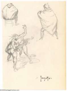 Frank Frazetta - Original Sketches, Fighting Savages and Cloaked Figure (undated). This piece has three pencil - | Heritage