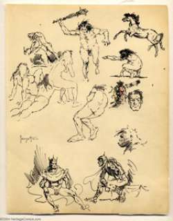 Frank Frazetta - Original Art Sketch Page, Cavemen, Horse and Warriors (undated). This page has it all! Nude - | Heritage