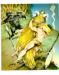 CHERET André Rahan Grande illustration représentant Rahan luttant contre un sorcier... | Vermot et Associés