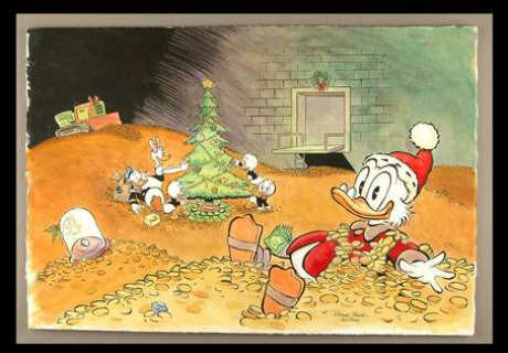 CHRISTMAS IN UNCLE SCROOGE‘S MONEY BIN PEN AND INK WATERCOLOR PAINTING BY  PATRICK BLOCK