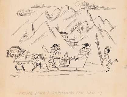 Zbigniew Lengren (1919 - 2003) | Zbigniew Lengren | "Proszę pana! Zapomniał pan narty!", ilustracja satyryczna | Desa Unicum