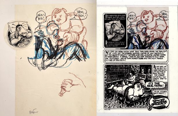 Art Spiegelman | Spiegelman, Art - Sleazy Scandals of the Silver Screen #1 Pg 8 Top-Half Prelim, Movie Star Fatty Arbuckle Coke Bottle Nightmare 1974 | Cool Lines Art