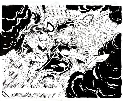 John Byrne, Ray Kryssing - Amazing Spider-Man #9 Double Splash (Much Nicer Than the Cover Art! Humongous Spider-Man Saves a Child From a Burning Building with Both Swinging Away!) 1999