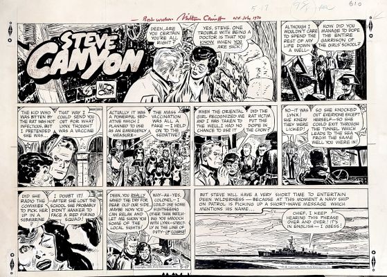 Milton Caniff | Caniff, Milt - Steve Canyon Sunday 5/17 1959, Steve Helps Beaten Female Doctor | Cool Lines Art