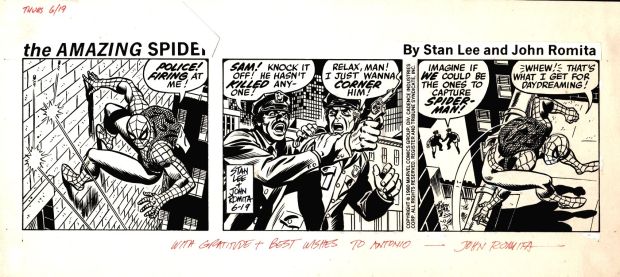 John Romita Sr. | Amazing Spider-Man Daily (Early All Romita Drawn Asm Strip with Spider-Man Being Shot At By Cops!) 6-19-1980 | Romitaman