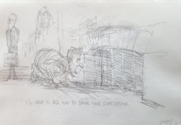 Pat Oliphant | Oliphant, Patrick - Political Cartoon Double Sketch, Reagan Nominates Lefever At Fireplace + Reagan Profile | Cool Lines Art