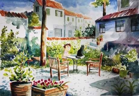 Davide Aurilia - watercolour illustration "Il cortile" 35 x 50 cm | Catawiki