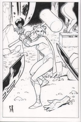 Stephane Roux | Harley Quinn & Power Girl #2 P.? - Harley in Powergirl Outfit Splash - Signed - 2015 | Anthony’s Comic Book Art