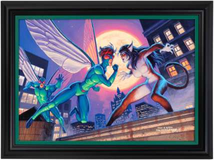 THE FLY & FLY GIRL VS. CAT GIRL PRE-PRODUCTION ORIGINAL ART PAINTING BY THE BROTHERS HILDEBRANDT. | Hake’s