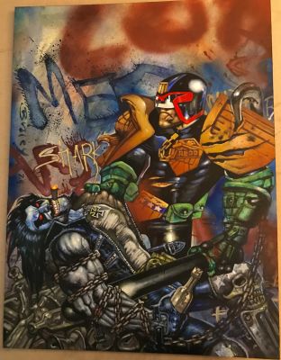 Simon Bisley | For Sale Simon Bisley Lobo Vs Judge Dredd Cover Homage Commission Oversize | ComicArtFans Classifieds