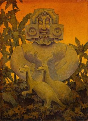 Hannes Hans Vajn Bok, (1914-1964), Fantasy landscape with dinosaurs and totem. 1934. | Swann Galleries