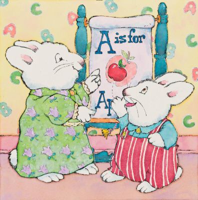 Lot 75 - Rosemary Wells, (b. 1943), A is for Apple. Circa 2000., Watercolor and ink on paper., 8 1/4 x 11 in. (21 x 27.9 cm.) | Swann Galleries