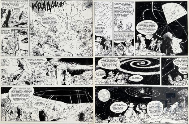 Wasterlain / Jeannette Pointu. Double planche originale n°26+n°27 de l‘album T6 "Le secret Atlante" illustrant la scène de l‘hologramme géant formé par les Moaï. Superbe mise en scène passionante et spectaculaire avec une qualité de dessin d‘un haut niveau. Rare. Encre de Chine signé et daté 1991. TBE+. 36 X 50 cm X 2 ! - Lot 330 :