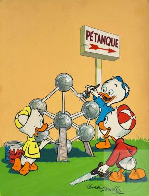 Disney / Journal de Mickey. Couverture Originale Pour L’édition N°332 de 1958 Mettant À L’honneur L’atonium de Bxl. Rare. Gouache Et Encre de Chine. Tbe. 25 X 35 Cm |  | Dagoty