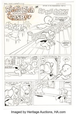 Warren Kremer and Jacqueline Roettcher (team attributed) Richie Rich & Casper #13 "By the Book: Return of Dr. Frankenspook - Part II" Complete 5-Page Chapter Original Art (Harvey, 1976). (Total: 5 Original Art) | Heritage