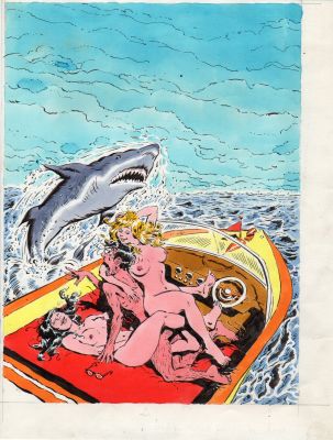 RAOUL BUZZELLI - Copertina per Identikit 15 – ‘Pescecane che abbaia’. Cm 24,5 x 32. Tempera su cartoncino leggero. Anno di esecuzione 1976.