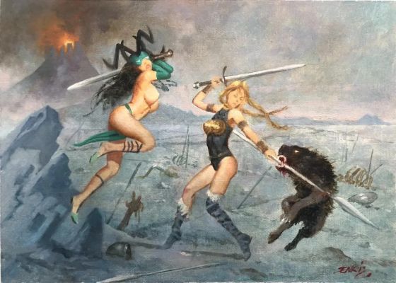 HELA vs. VALKYRIE BATTLE SCENE OIL PAINTING by Spanish Master Enric Torres - Prat | Raremarq (Buy It Now)