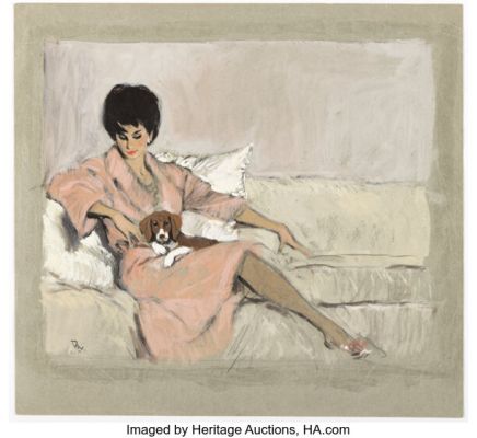 David Wright - Model with Beagle on Sofa Illustration Original Art (c. 1960). | Heritage