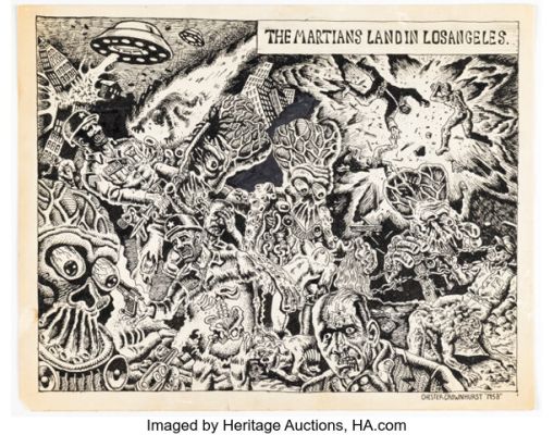 Joe Coleman "The Martians Land In Los Angeles" Illustration Original Art (c. 1980s). | Heritage