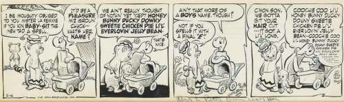 WALT KELLY. "I be moughty obliged to you Mr. La Femme if you kin baby-it the new tad a spell." | Swann Galleries