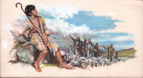 Connolly, Peter | Peter Connolly - Originele illustratie in gouache op board (26,5 x 14,5 cm.) - Bijbelse illustratie ’Jozef’ - (1950/1955) | Catawiki