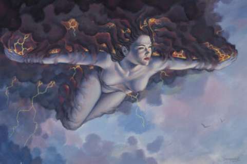 Dorian Cleavenger (American, 20th Century)
 Nude in the Sky, 2001
 Oil on board
 19.5 x 29.25 in.
 Signed and dated lowe...