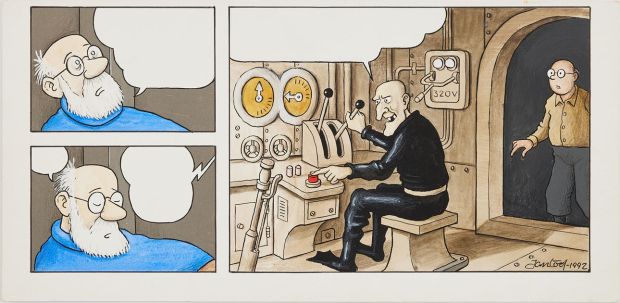 JAN LÖÖF. (Born 1940), original comic strip page, from "Det sista uppdraget" published in the album "Serier om den första kärleken" 1993, signed and dated, gouache and ink. Art - Paintings | Auctionet