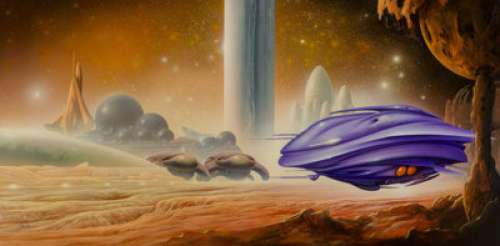  - Jim Burns (British, b. 1948)
 The Temporal Void paperback cover, 2008
 Acrylic on board
 23-1/2 x 47-1/2 inches
 Initial...