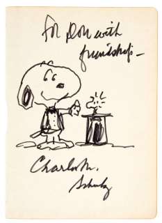 SNOOPY AS MAGICIAN WITH WOODSTOCK SPECIALTY ORIGINAL ART BY PEANUTS CREATOR CHARLES M. SCHULZ. | Hake’s