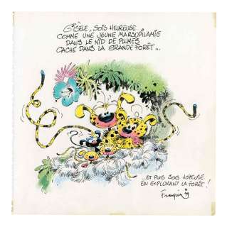 André Franquin - Dessin couleur Marsupilami, 1979. Seul marsupial ovipare, animal fantastique à l‘intelligence quasi-humaine, doté d‘une queue préhensile de huit mètres et d‘un pelage jaune et noir, le Marsupilami apparaît pour la première fois dans Spirou et les Héritiers (1952). Ce dessin reproduit la famille Marsupilami telle qu‘on la découvre dans Le Nid des Marsupilamis (1956), l‘une des aventures les plus marquantes de Spirou. Signé. Encre de Chine et crayon de couleur sur papier