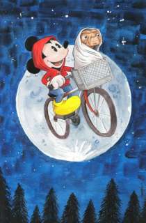 Jordi Juan Pujol | Mickey Mouse and E.T. The Extra-Terrestrial (Film 1982) - Original Painting - Front and Back Signed by Jordi Juan Pujol - Original Watercolor Art - 42 x 29 c | Catawiki