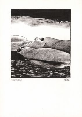 Frédéric Pajak | Hippopotames - Encre de Chine, plume et pinceau sur papier | Huberty Breyne Gallery
