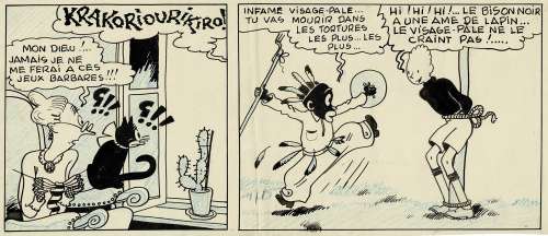 Jijé | Blondin et Cirage en Amérique, strip original à l’encre de chine pour cet album paru en 1942. | Septimus