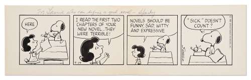 Charles Schulz Original Hand-Drawn ’’Peanuts’’ Comic Strip Featuring Snoopy the Novelist & Lucy the Literary Critic | Nate Sanders