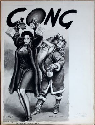 WALTER MOLINO - Copertina per il settimanale GONG delle edizioni E.S.I. , settimanale di 8 pagine autocopertinato, pubblicato dal 1945 al 1946. Matita, china, tempera su cartoncino, dimensioni: cm. 32 x 42. Una straordinaria copertina originale di un settimanale di difficilissima reperibilità.