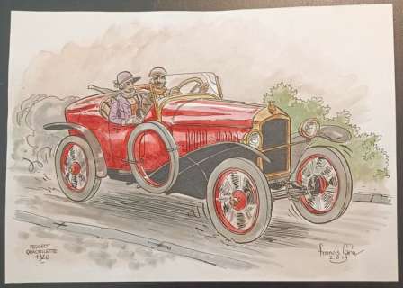 Carin, Francis | Carin, Francis - Dessin original couleur - Victor Sackville - Peugeot Quadrilette 1920 - (2019) | Catawiki