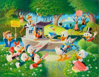 Carl Barks Surprise Party at Memory Pond Painting Original Art (1994). Horace Horsecollar, Clarabelle Cow, Uncle - | Heritage